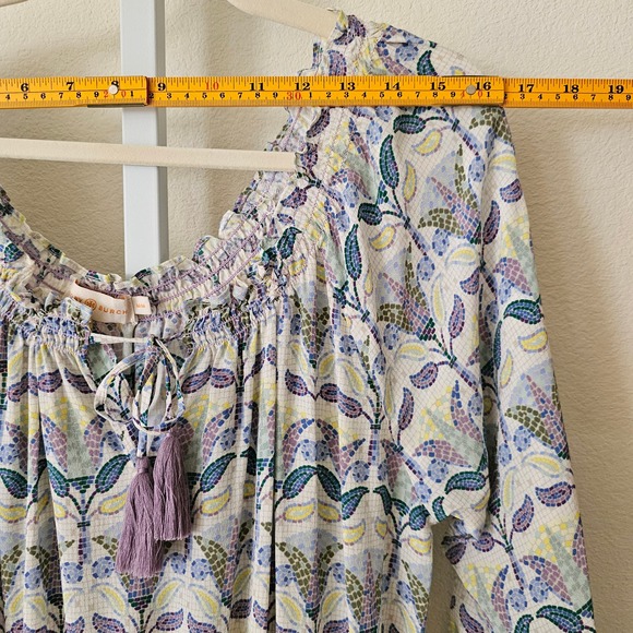 TORY BURCH Silk Mosaic Provence Pompeii Tassels/Smocked Off Shoulder Romper Sz M - Picture 9 of 13